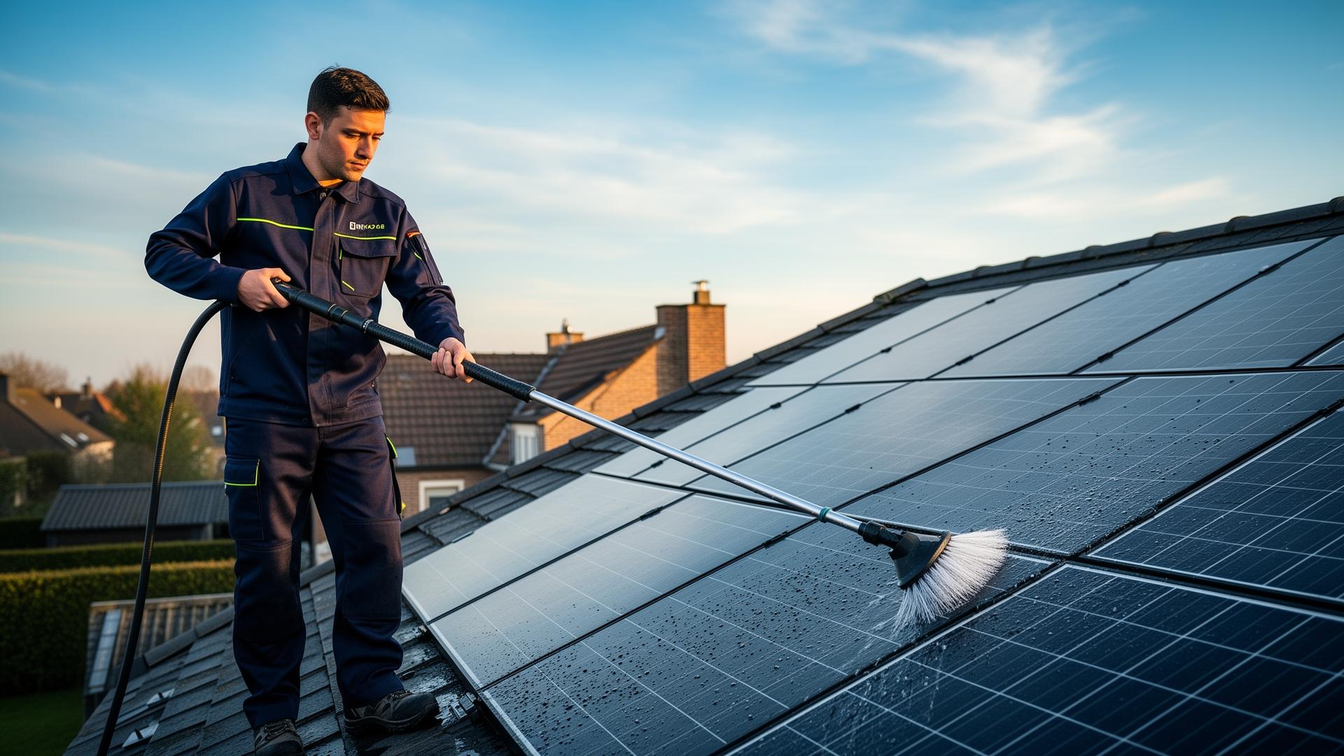 Technicien Vitro Solar Clean nettoyant des panneaux solaires à la perche