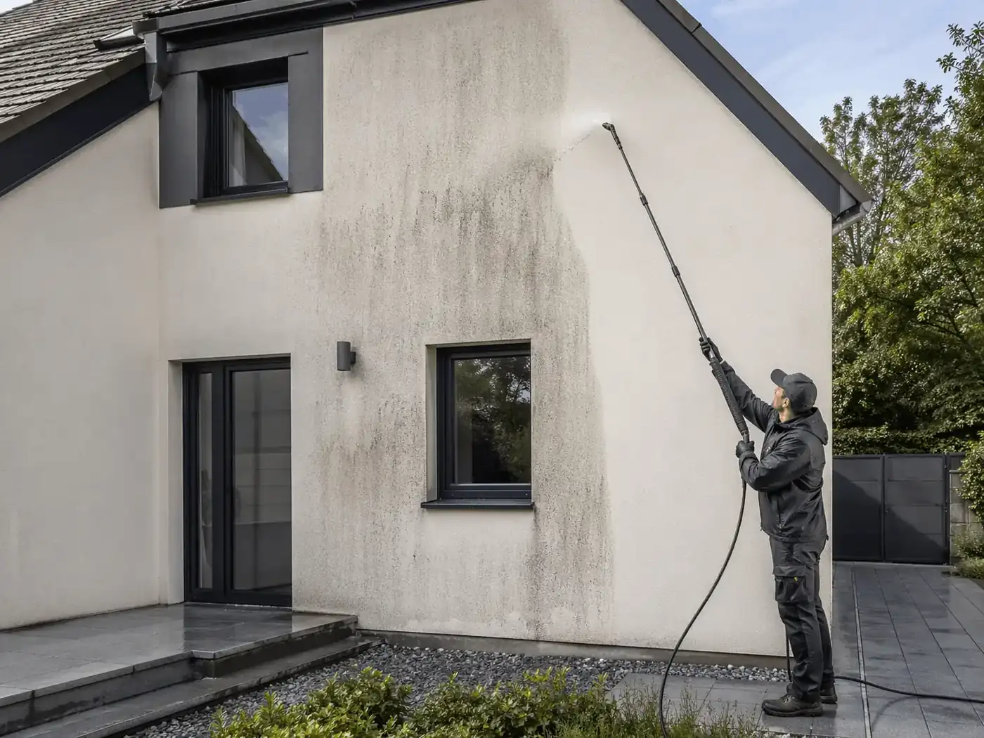 Façade en crépi nettoyée dans le Brabant Wallon avec rendu homogène
