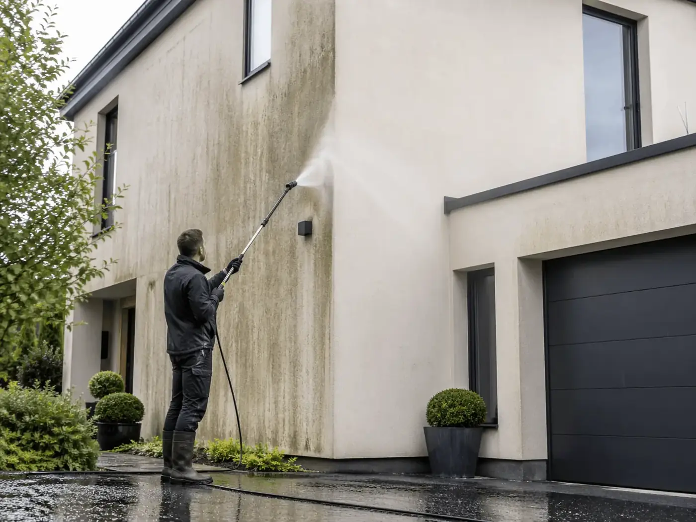Façade en crépi nettoyée dans le Hainaut après traitement doux