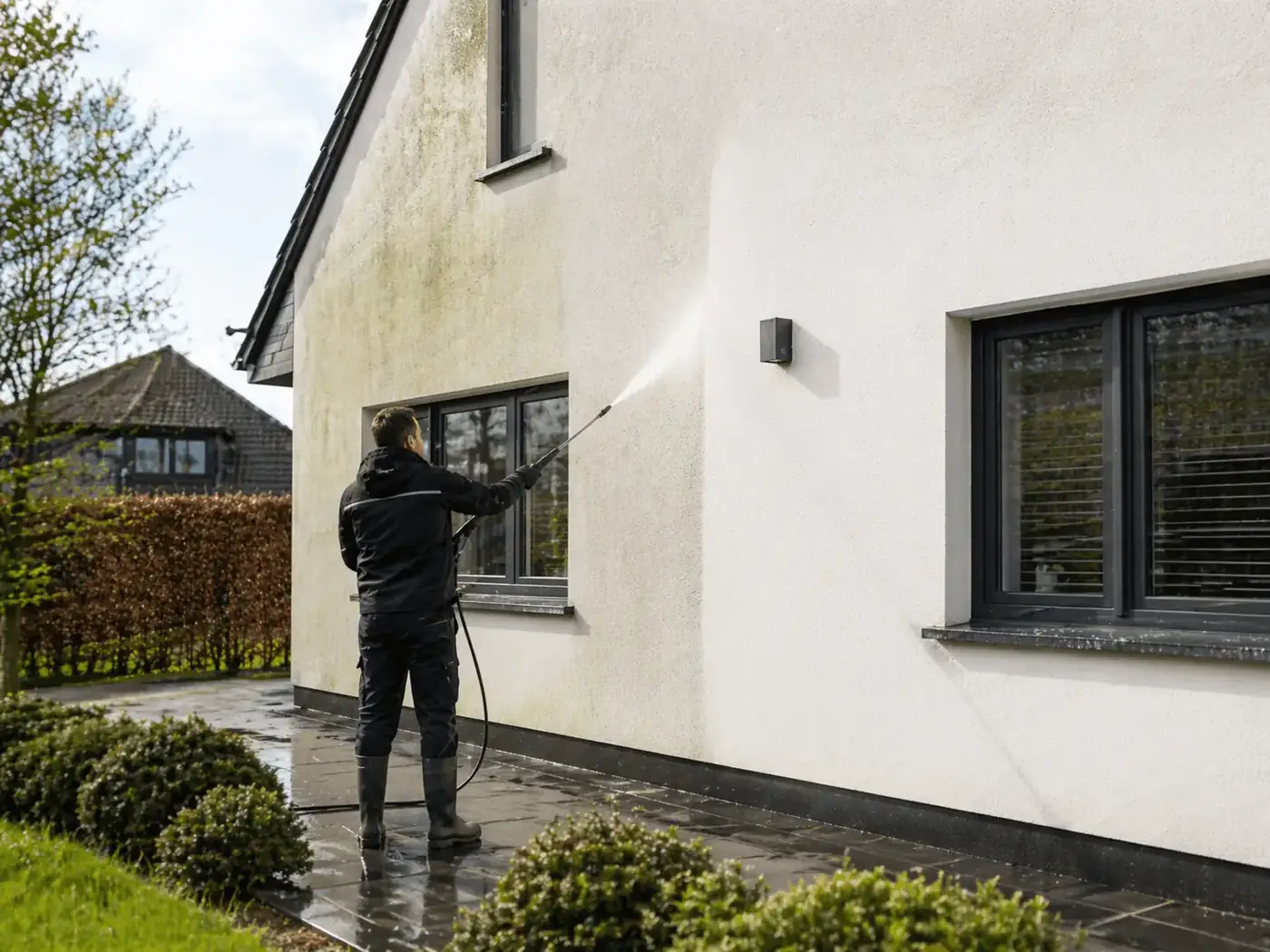Façade en crépi propre après nettoyage doux par Vitro Solar Clean en province de Namur