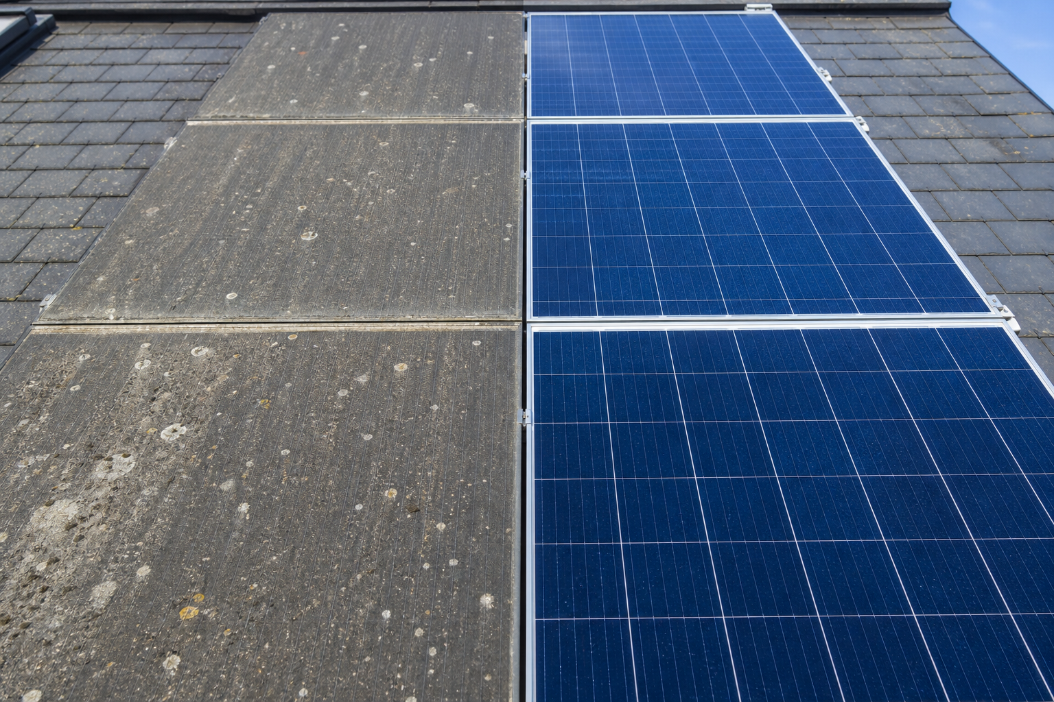 Nettoyage de panneaux solaires dans l'arrondissement de Liège, comparaison avant après par Vitro Solar Clean