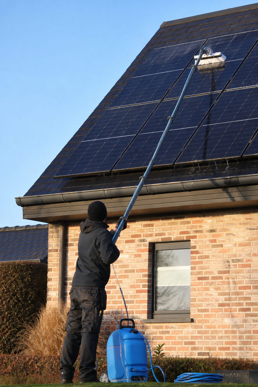 Matériel professionnel Unger et perche carbone pour le nettoyage de panneaux solaires dans l'arrondissement de Liège
