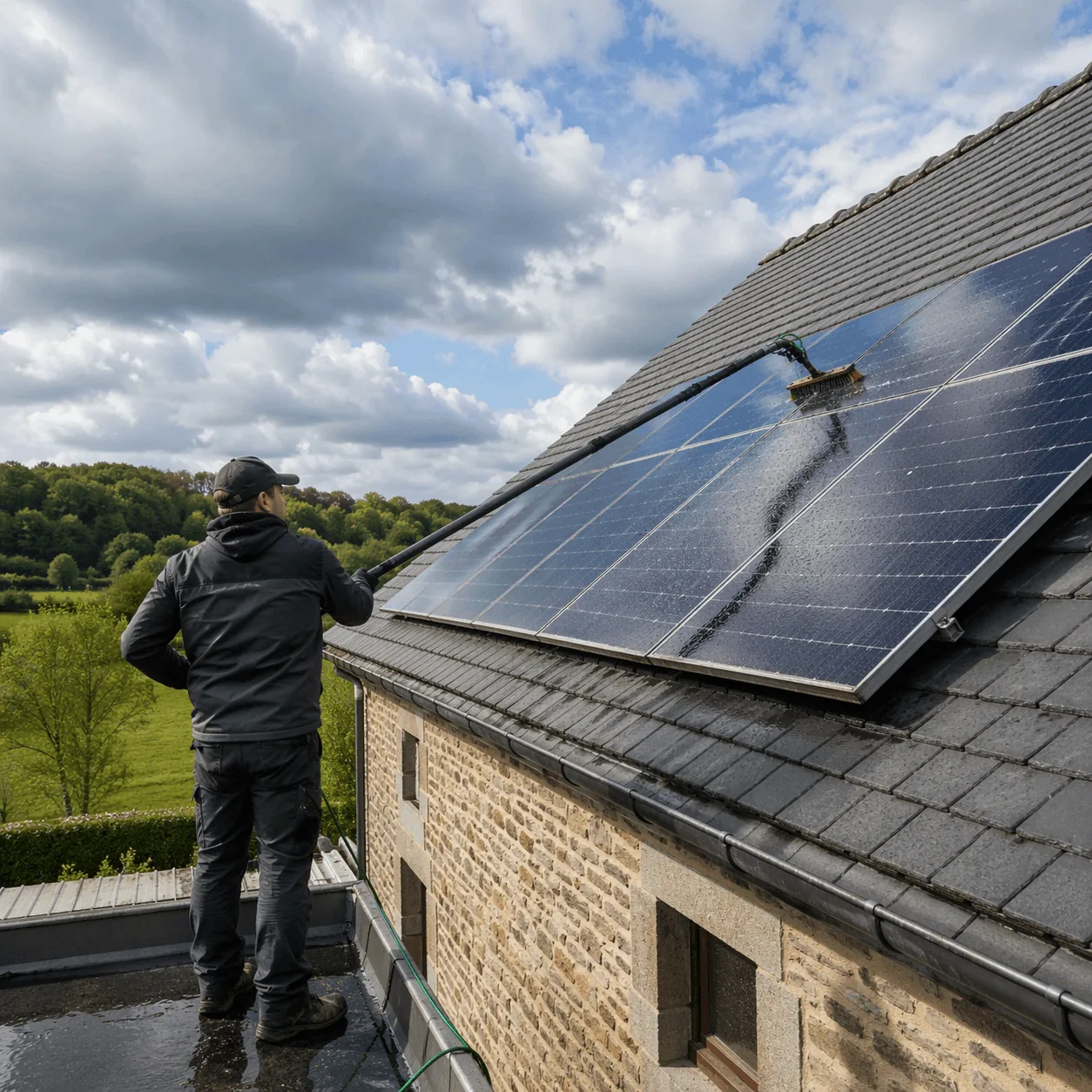 Nettoyage de panneaux solaires photovoltaïques à Mons, méthode eau pure et perche carbone