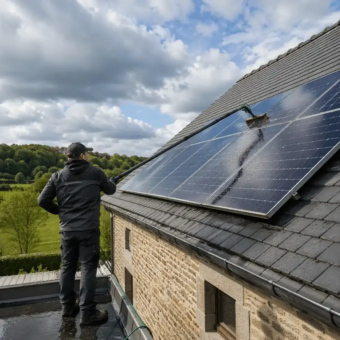 Nettoyage de panneaux solaires photovoltaïques à Tournai, méthode eau pure et perche carbone