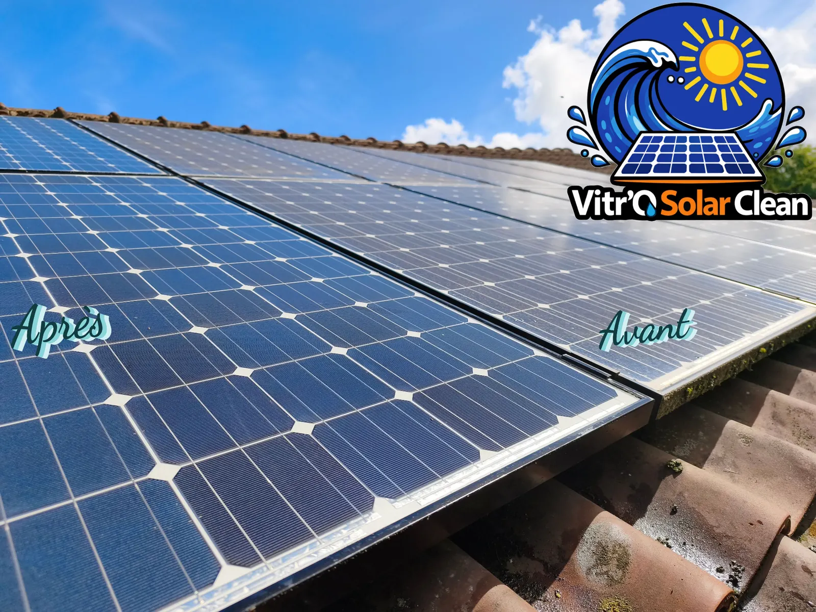 Comparatif avant / après du nettoyage de panneaux solaires à Loverval avec dépôts visibles côté avant et surface propre côté après