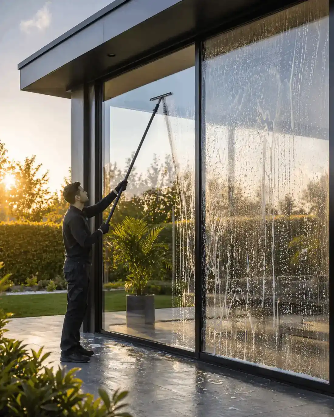 Nettoyage de vitres extérieures à l'eau pure et perche carbone Unger en Hainaut par Vitro Solar Clean