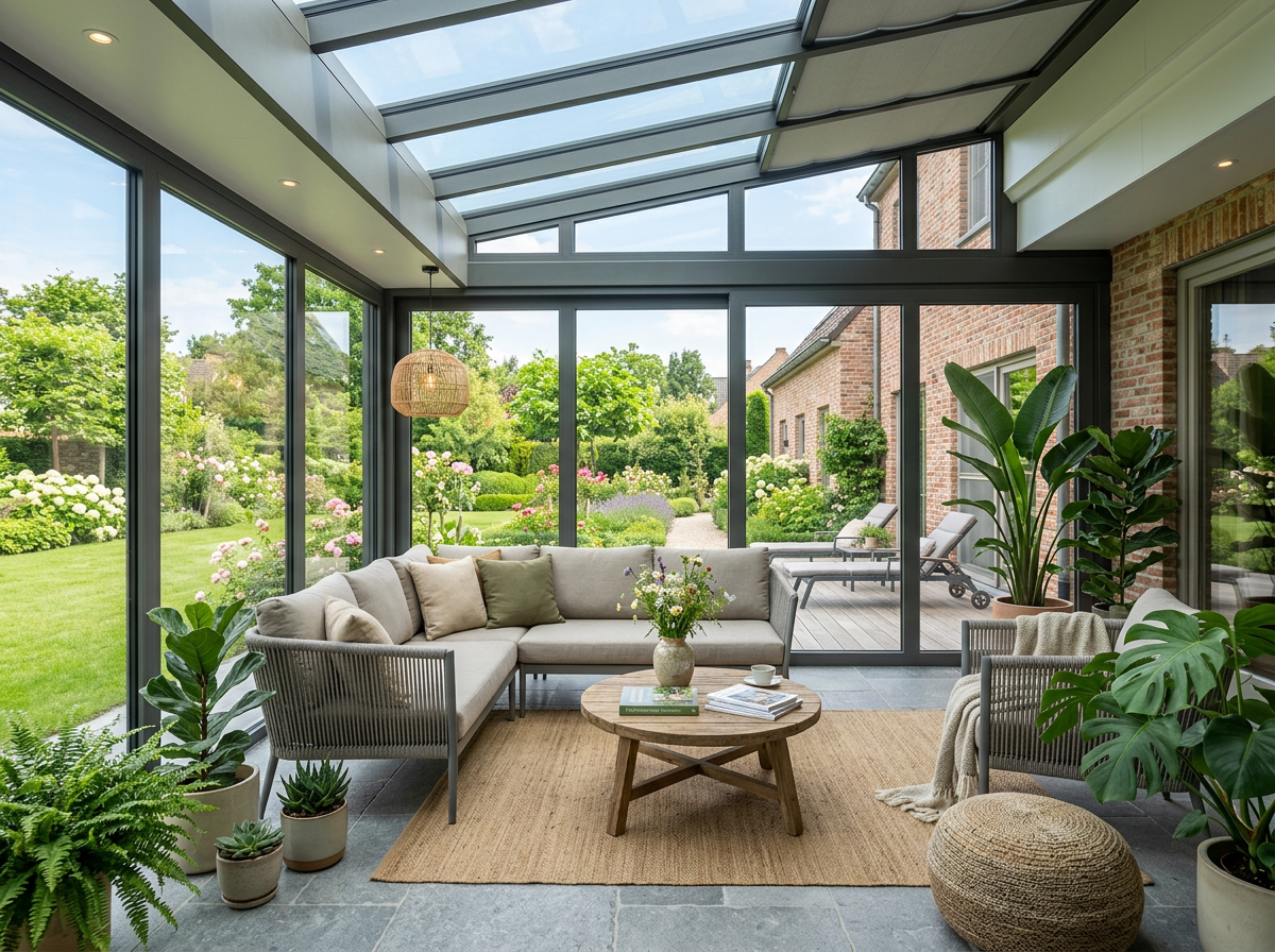 Véranda contemporaine avec grandes vitres parfaitement propres et toiture vitrée transparente