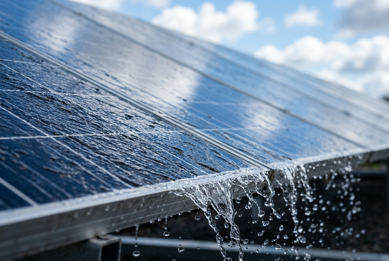 Eau pure ruisselant sur des panneaux solaires photovoltaïques fraîchement nettoyés