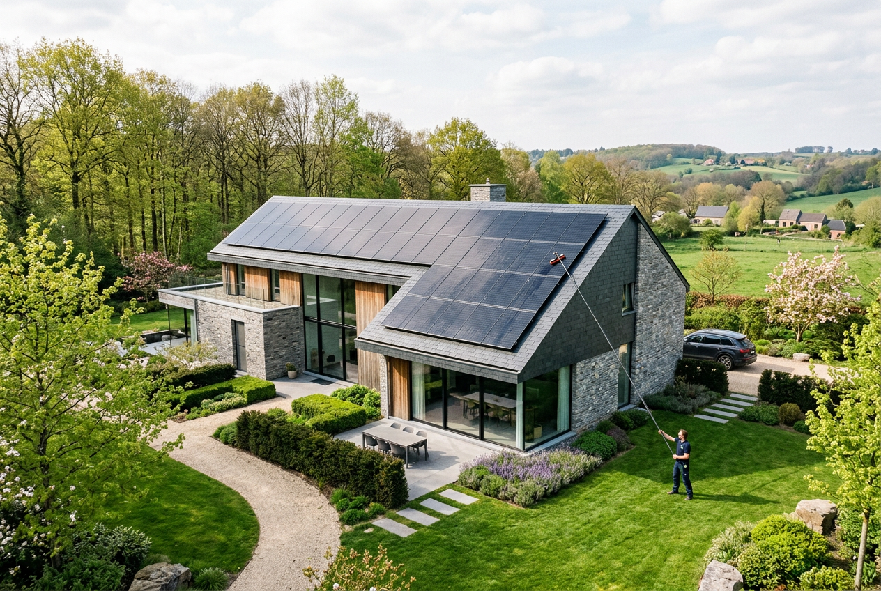 Nettoyage de panneaux solaires photovoltaïques dans le Brabant Wallon, méthode eau pure et perche carbone