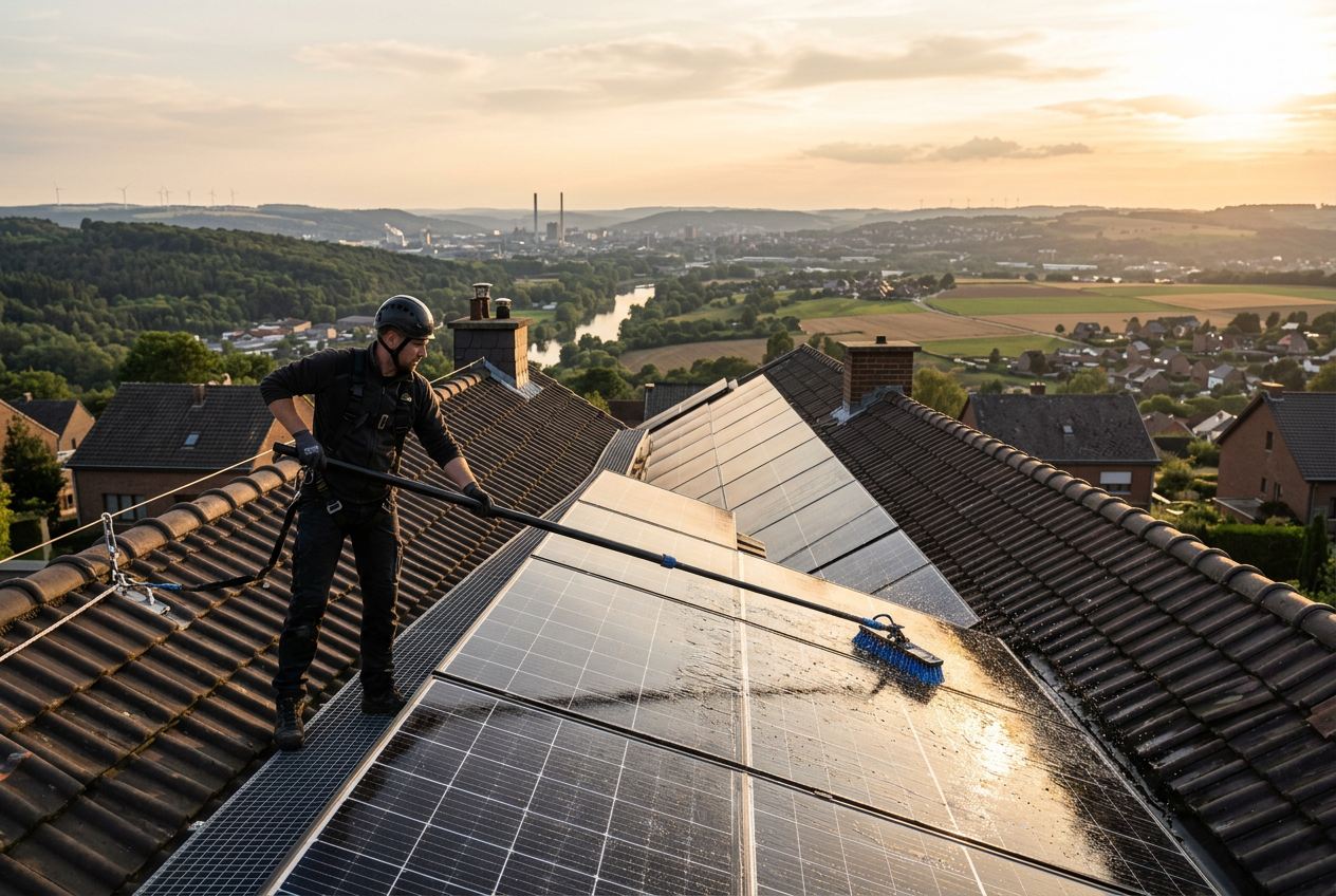 Nettoyage de panneaux solaires photovoltaïques dans le Hainaut, méthode eau pure et perche carbone