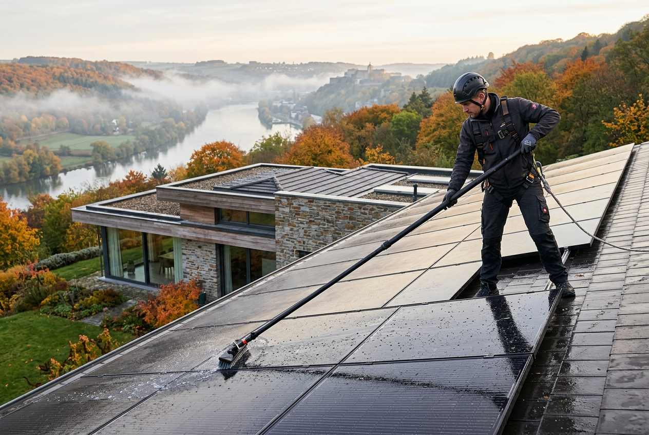 Nettoyage de panneaux solaires photovoltaïques dans la province de Namur, méthode eau pure et perche carbone