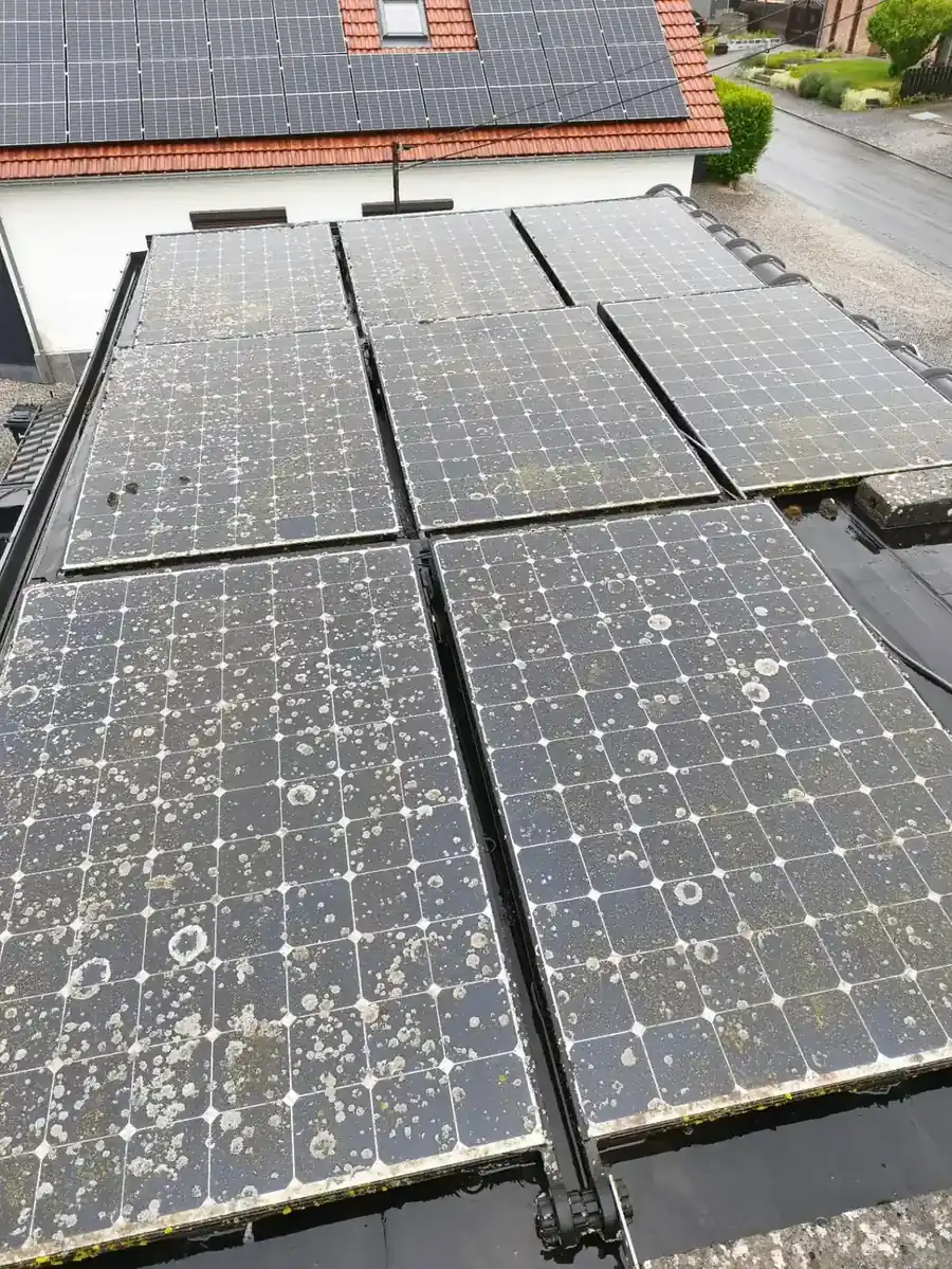 Panneaux solaires très encrassés avant nettoyage professionnel, dépôts blancs et salissures visibles sur toute la surface